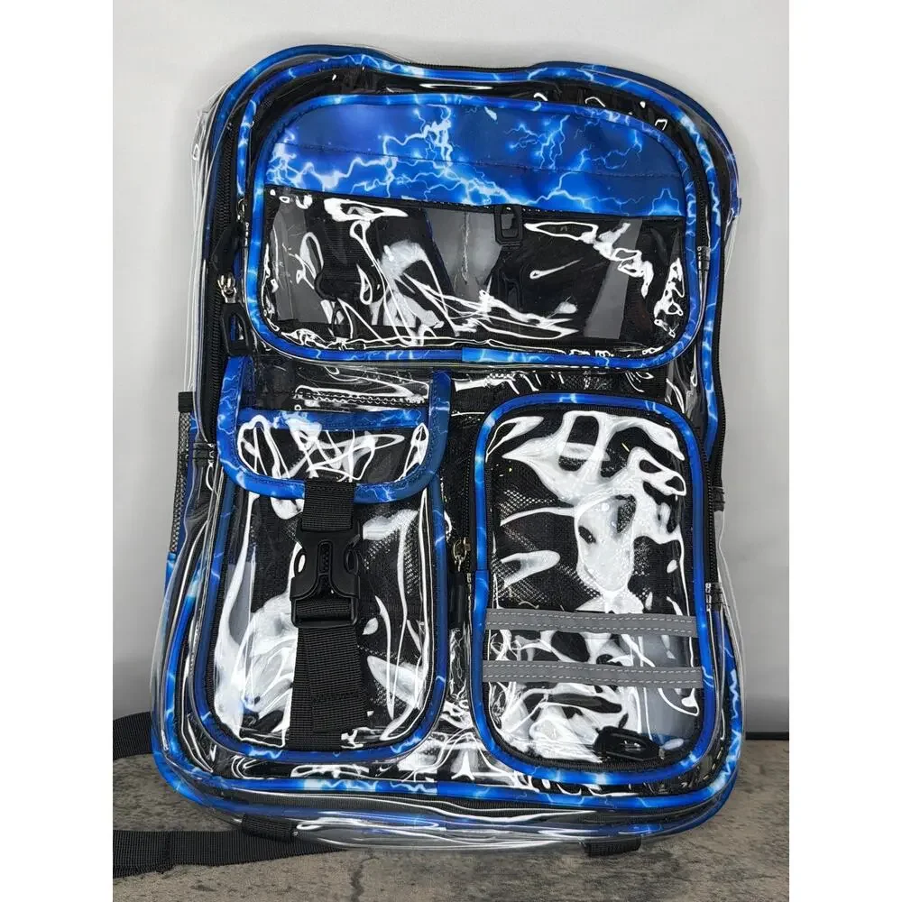 Heavy Duty Clear Transparent Backpack Stadium Bag School Bookbag- Blue Lightning